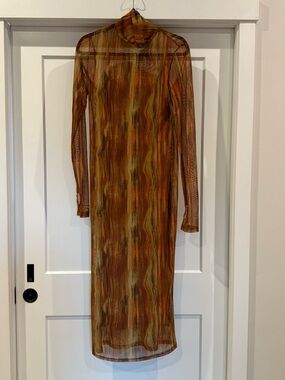 Velvet Torch similar to AFRM dress in Rust Multi Sheer Long-Sleeve Midi Dress